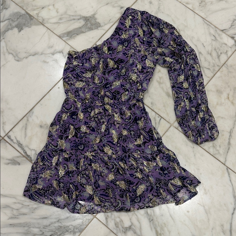 Karina Grimaldi Asymmetrical Dress in Purple and Gold